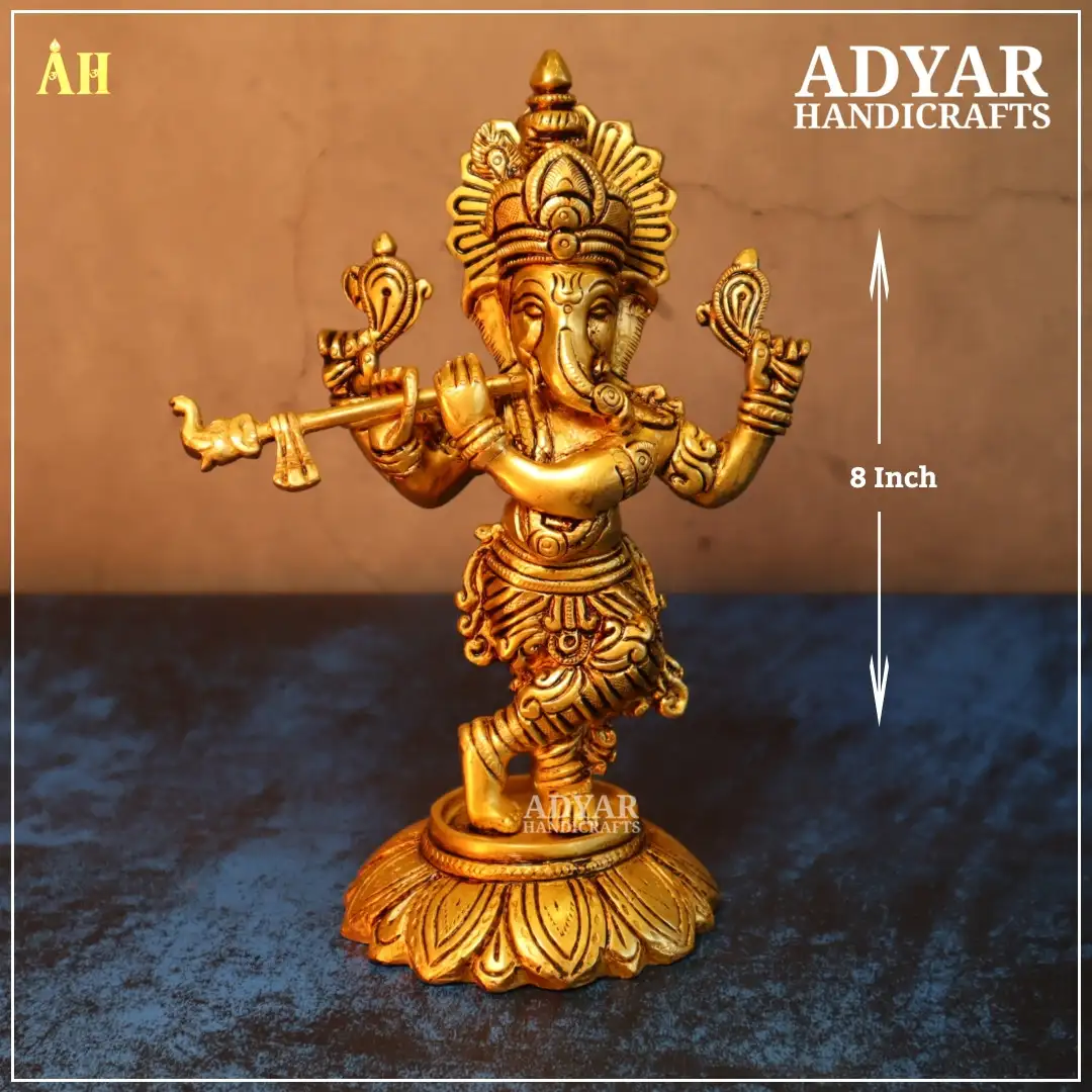 8 Inch Superfine Brass Flute Ganesha Statue