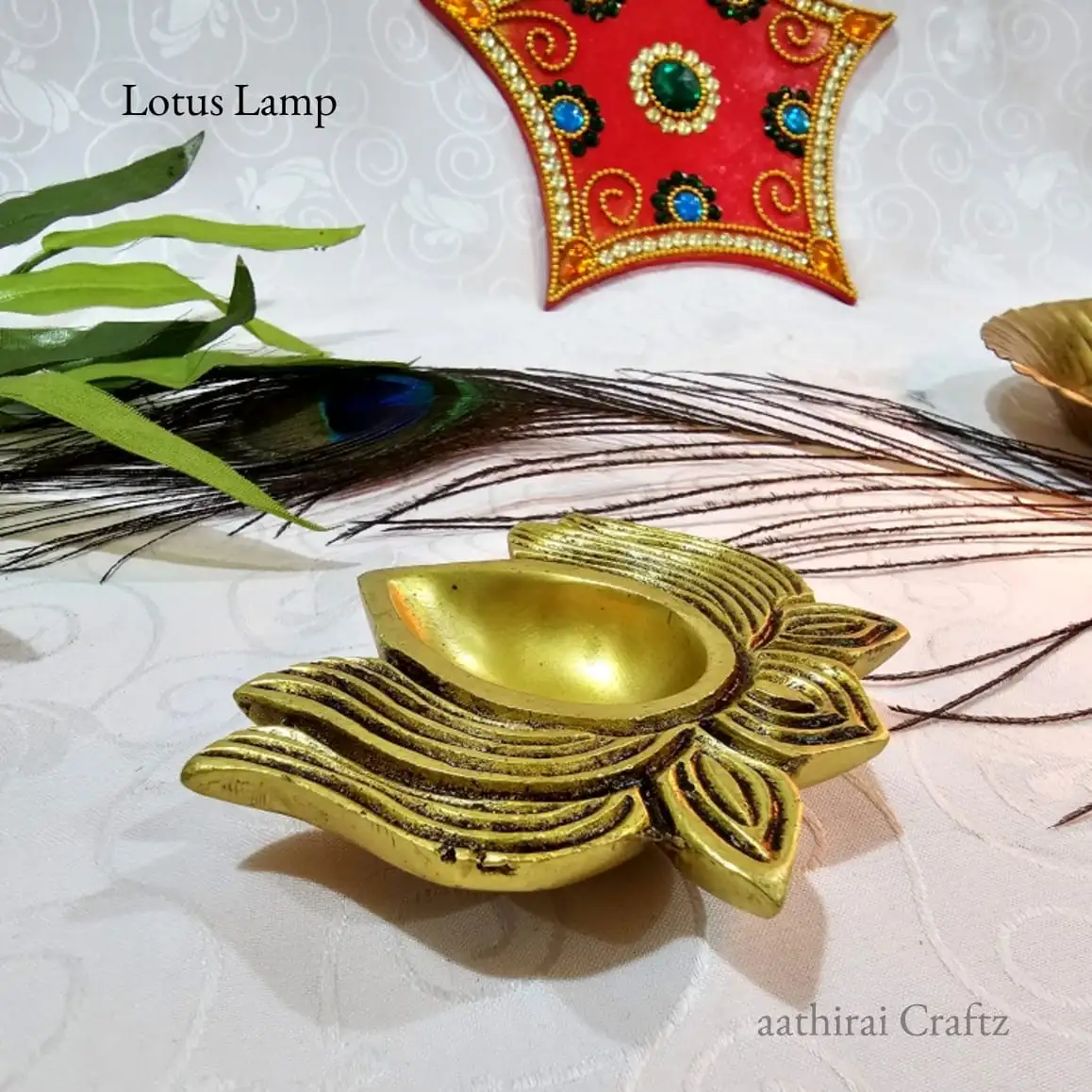 Lotus Vilakku / Lamp Brass Antique Finish - Small - secondary