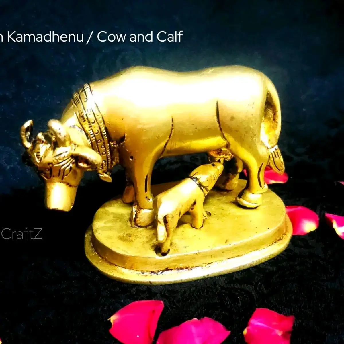 Plain Kamadhenu / Cow and Calf Brass Sculpture