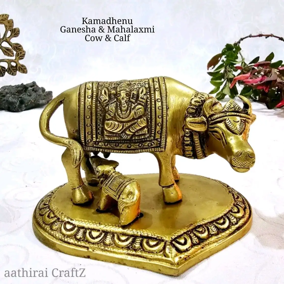 Ganesha Mahalaxmi / Cow and Calf Brass Sculpture