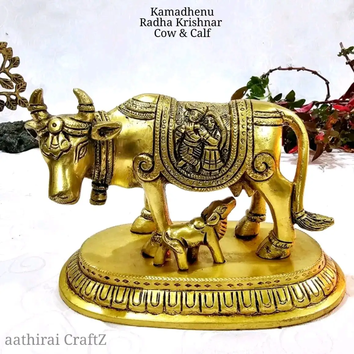 Radha Krishna Gomatha / Cow and Calf Brass Sculpture - Large