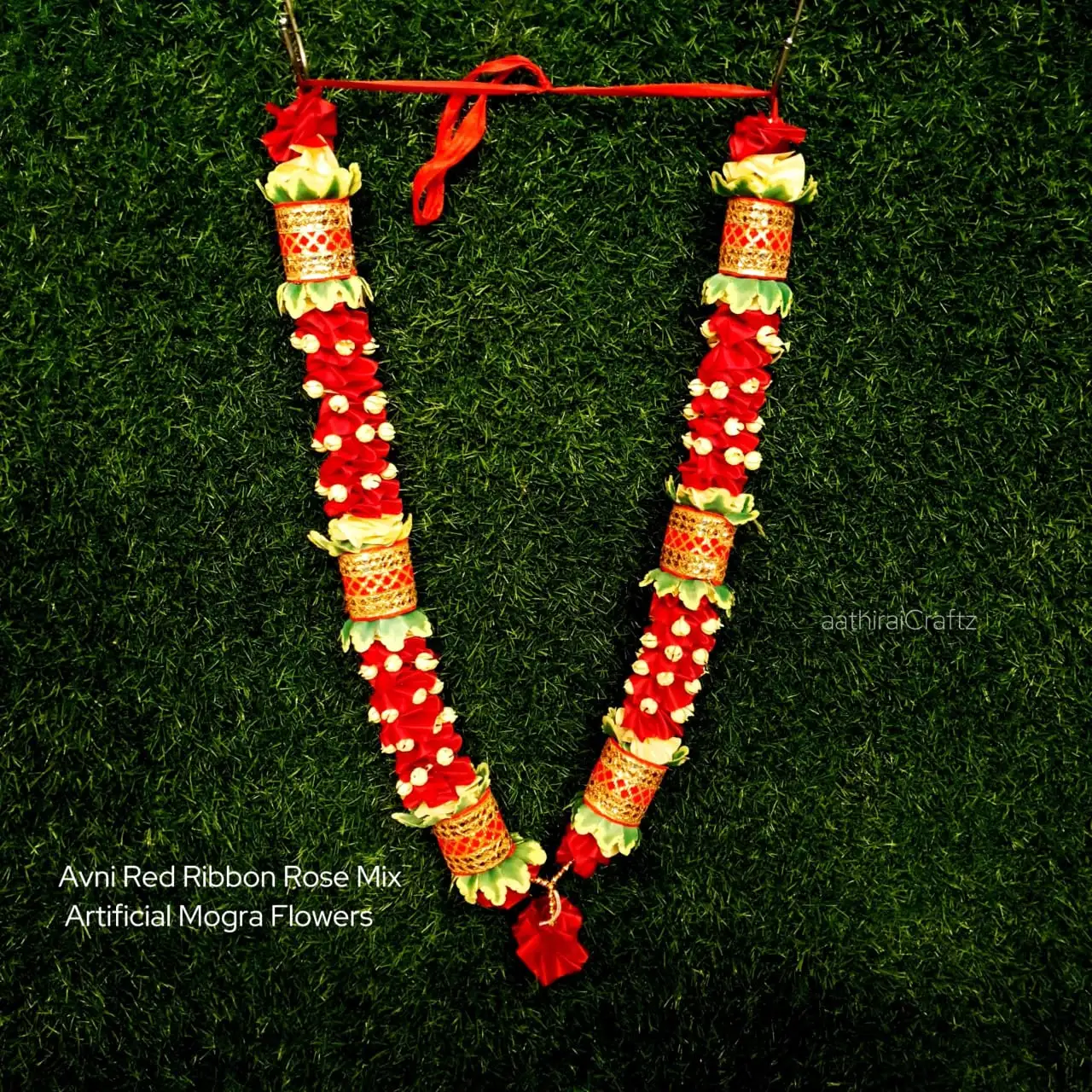 Avni Red Ribbon Rose Mix Artifical Mogra Flowers Garland / Maalai