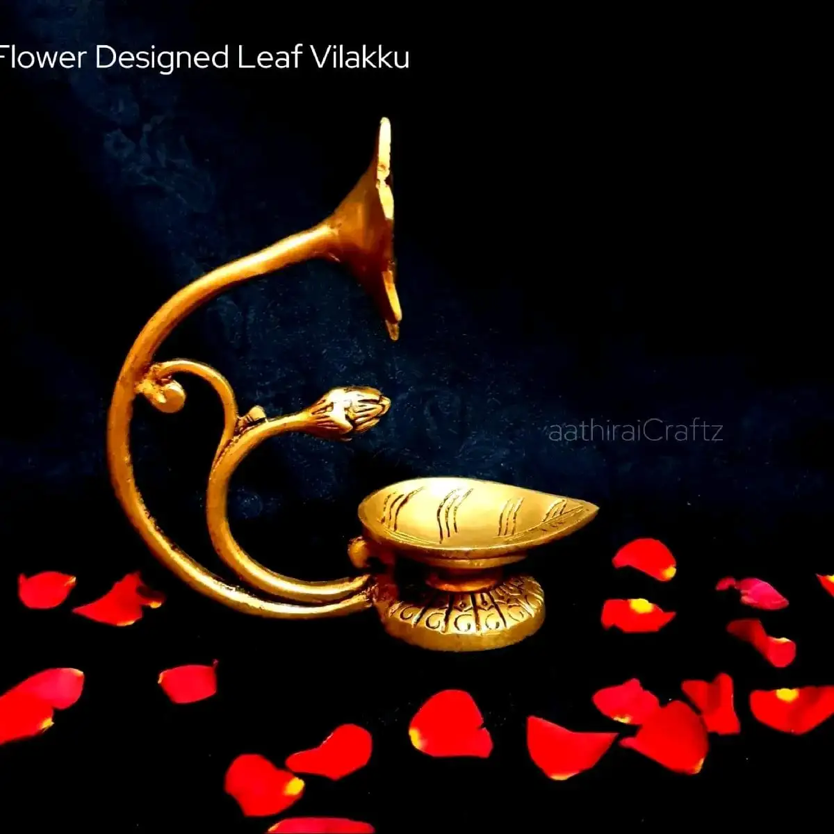 Flower Designed Leaf Vilakku / Lamp Brass Antique Finish - secondary