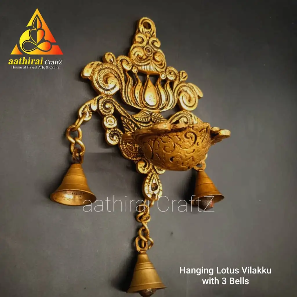 Hanging Lotus Vilakku With 3 Bells - secondary