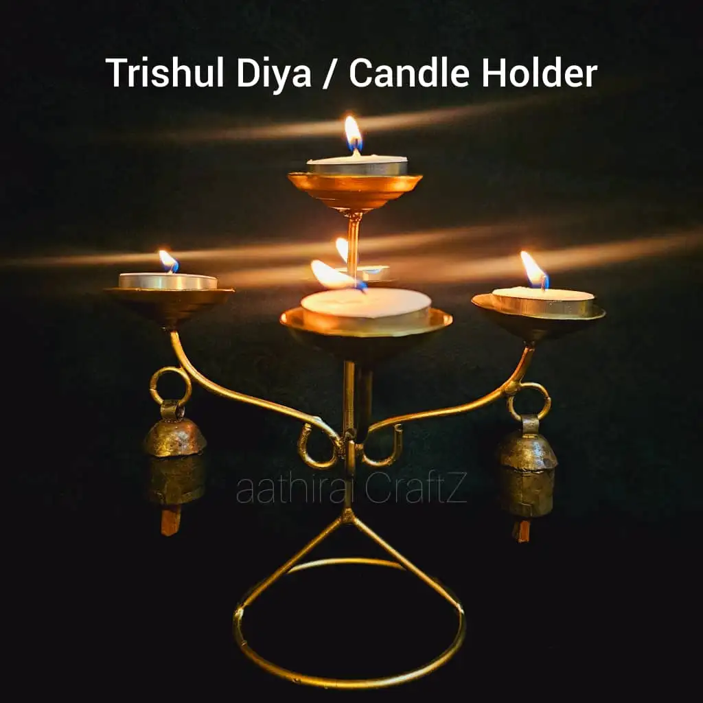 Trishul Candle Holder with 2 Bells Modern Candle Stand for Home Deco