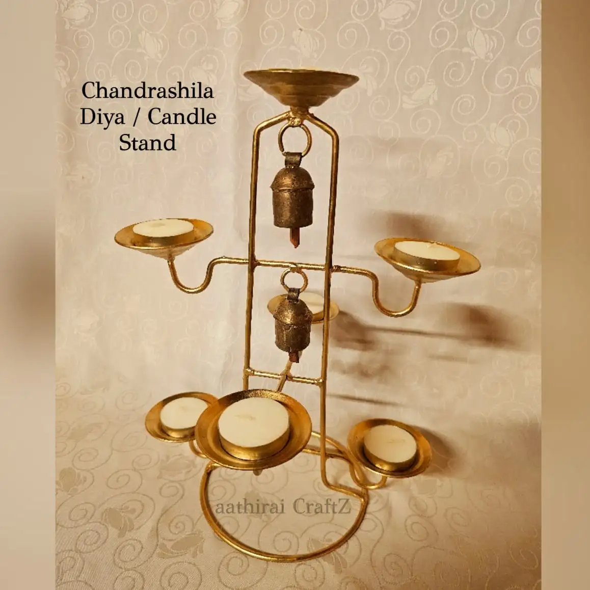 Chandrashila Candle Holder with 2 Bells Modern Candle Stand for Home Deco - secondary