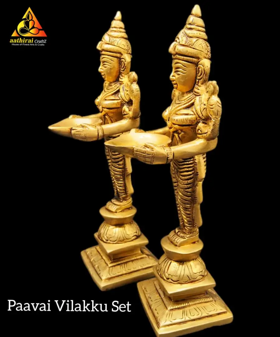Paavai Vilakku / Lady with Diya Idol set (Crown) Brass Antique Finish - secondary