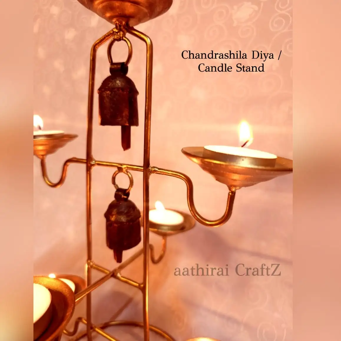 Chandrashila Candle Holder with 2 Bells Modern Candle Stand for Home Deco