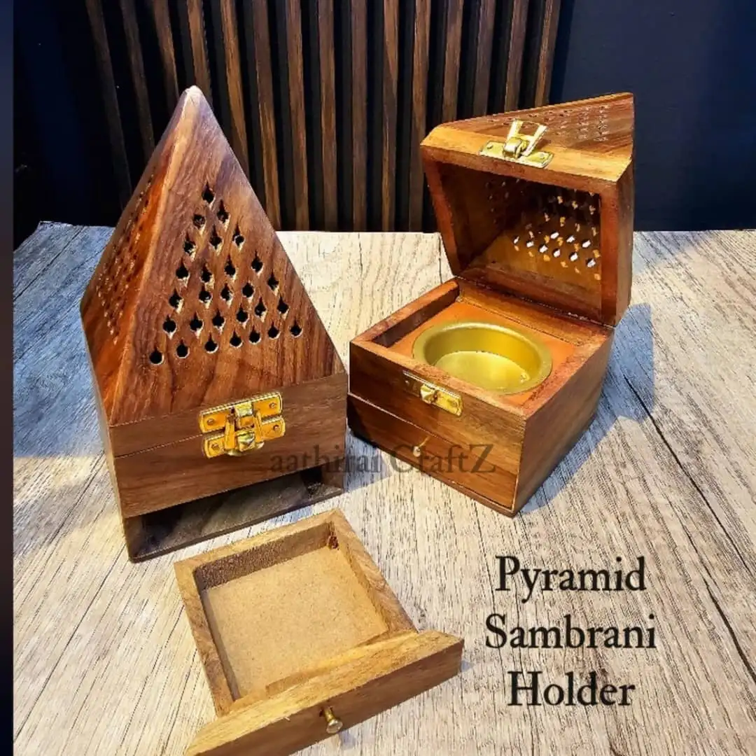 Pyramid wooden Sambrani Holder  Incense Burner / Bakhoor - With drawer - secondary