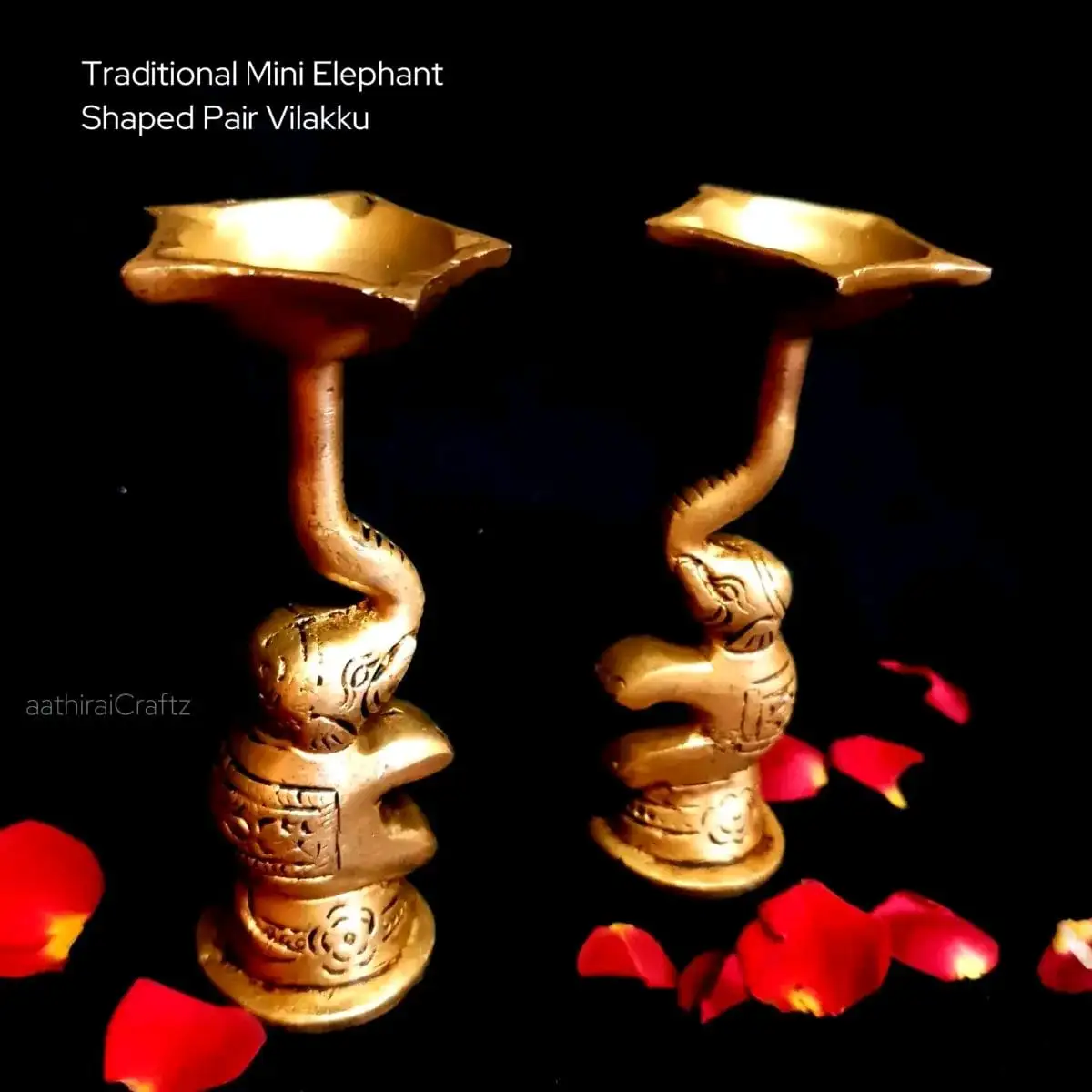 Traditional Mini Elephant Shaped Pair Vilakku / Lamp Brass Antique Finish - secondary