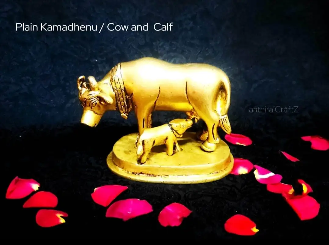 Plain Kamadhenu / Cow and Calf Brass Sculpture - secondary