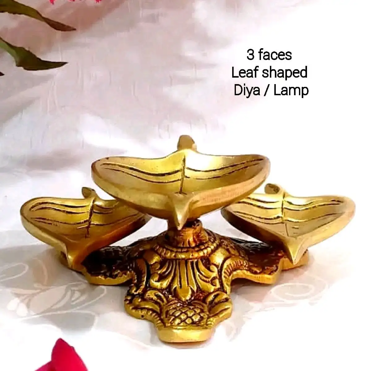 3 Faces Leaf Shaped Vilakku / Lamp Brass Antique Finish - secondary