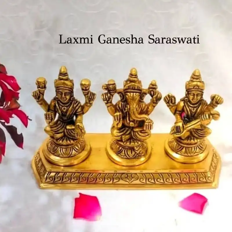 Laxmi Ganesha Saraswati in Peedam - Set 3 in 1 Brass Antique Finish - secondary