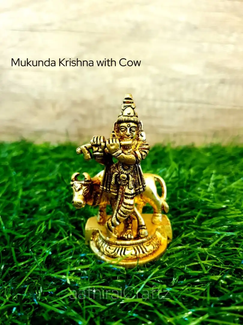 Mukunda Krishna with Cow statue Brass Antique Finish