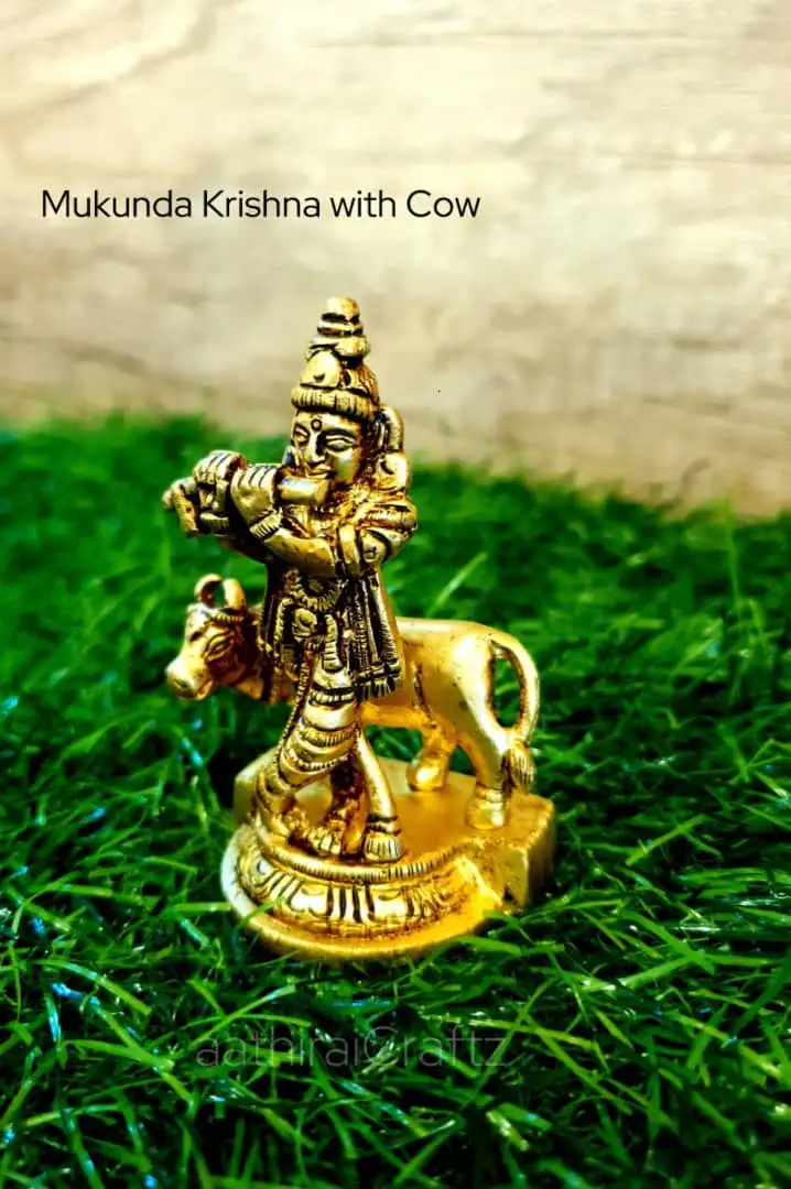 Mukunda Krishna with Cow statue Brass Antique Finish - secondary