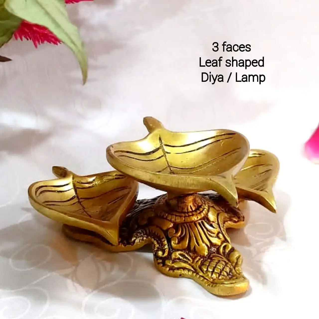 3 Faces Leaf shaped Diya / Lamp Brass Antique Finish - secondary