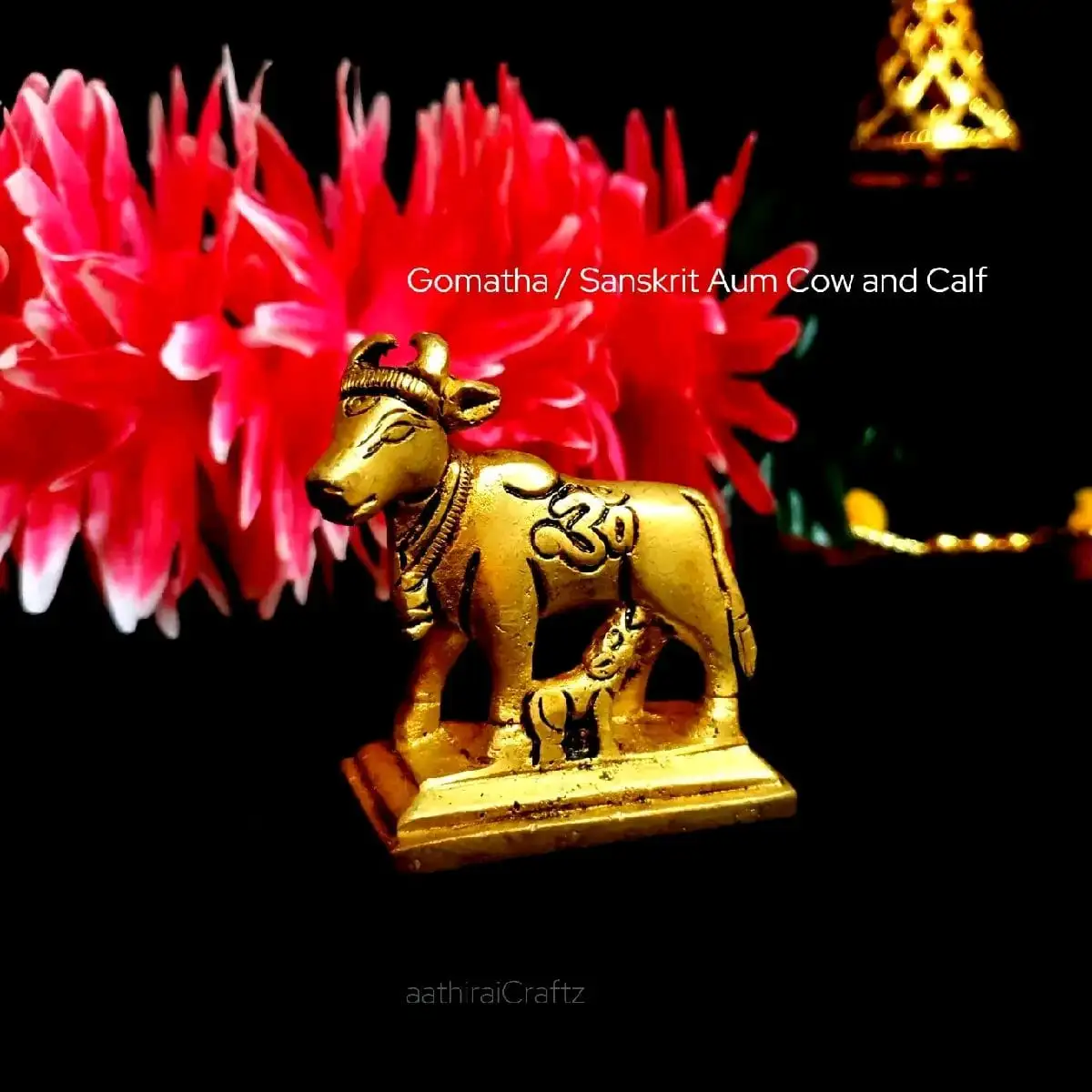 Gomatha / Sanskrit Aum Cow and Calf Brass Sculpture