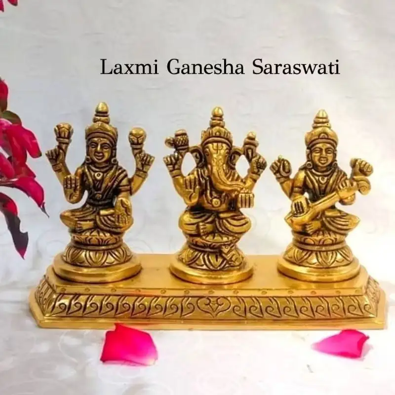 Laxmi Ganesha Saraswati in Peedam - Set 3 in 1 Brass Antique Finish