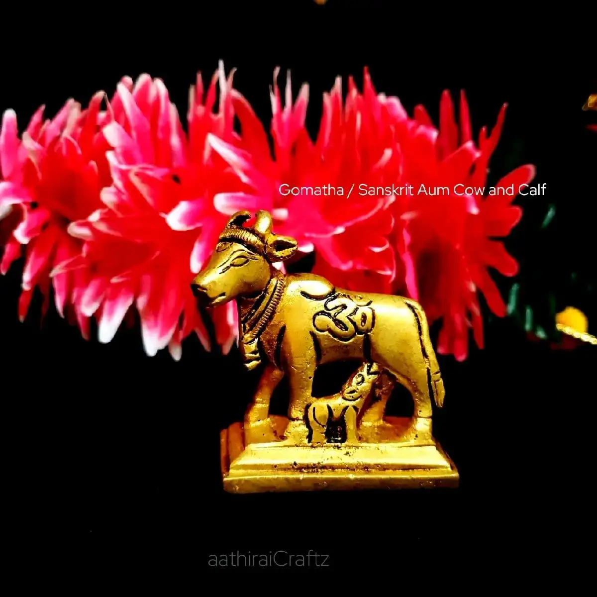 Gomatha / Sanskrit Aum Cow and Calf Brass Sculpture - secondary