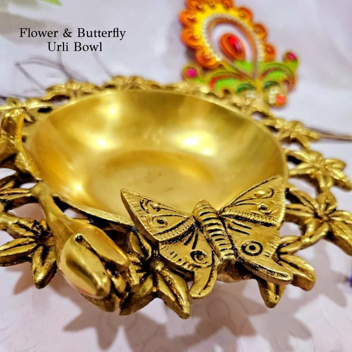 Butterfly with Flowers Brass Urli Brass Antique Finish Brass Sculpture - secondary