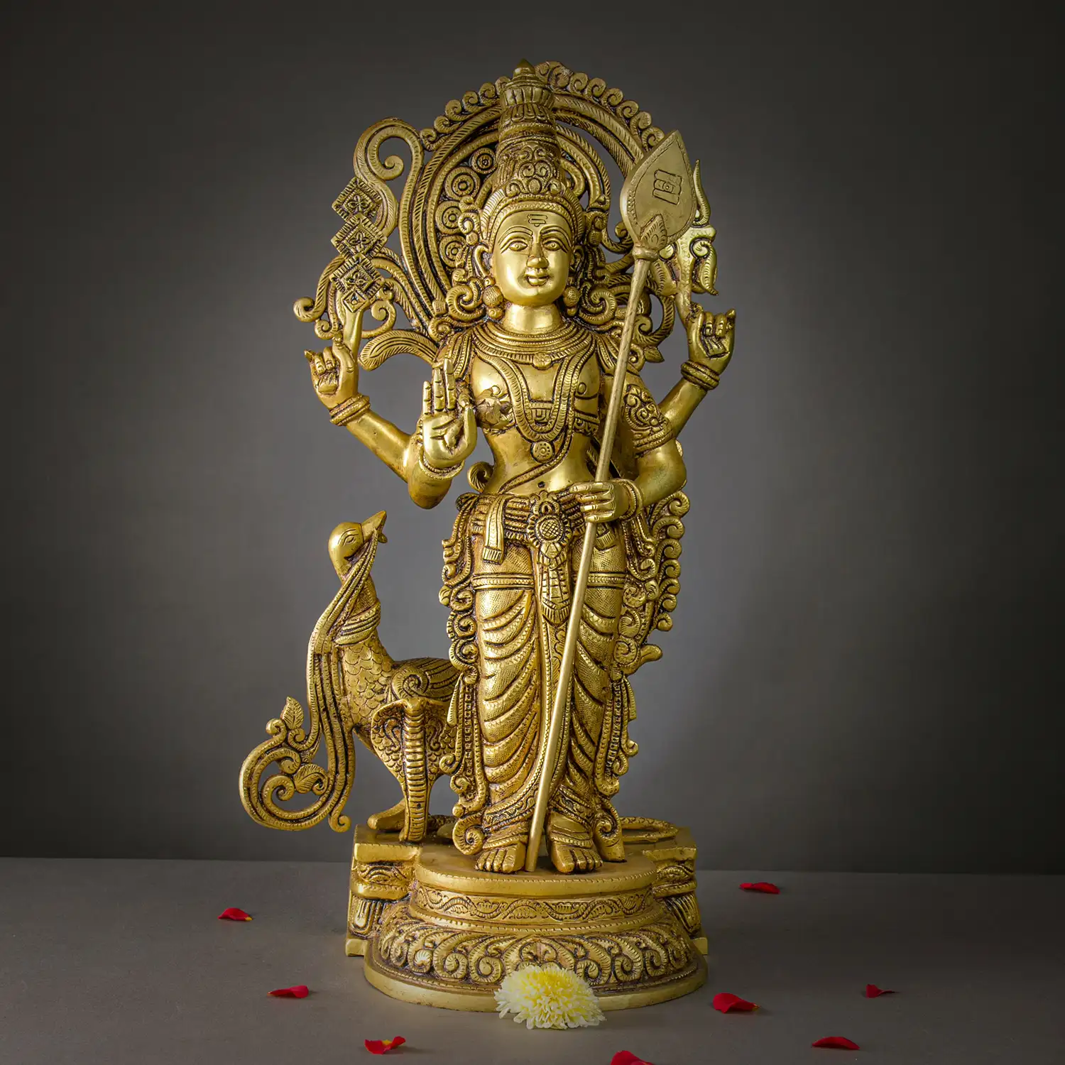Brass Standing Murugan Vel and Mayil idol - 21 inches