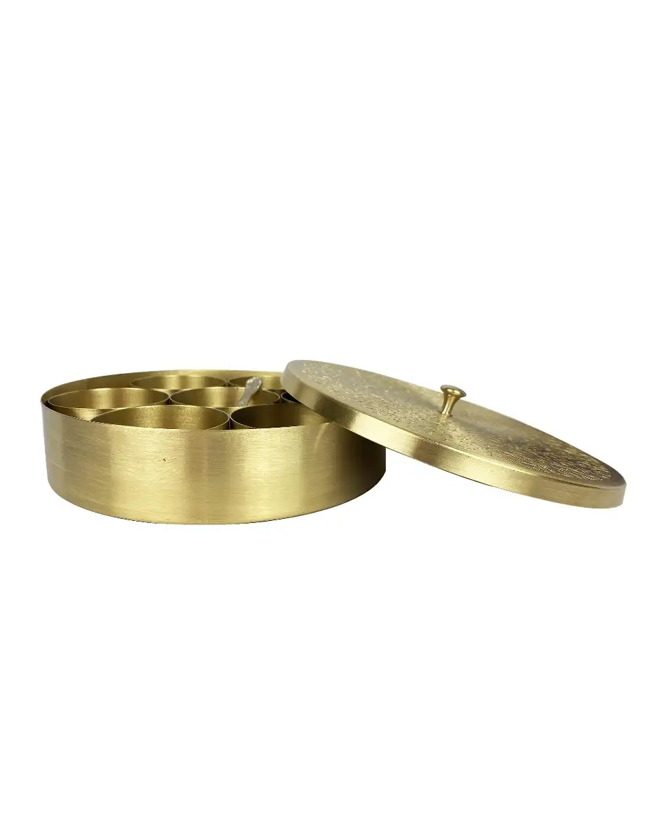 Brass unique engraved masala spices box dabba with brass spoon 7 containers - image 5