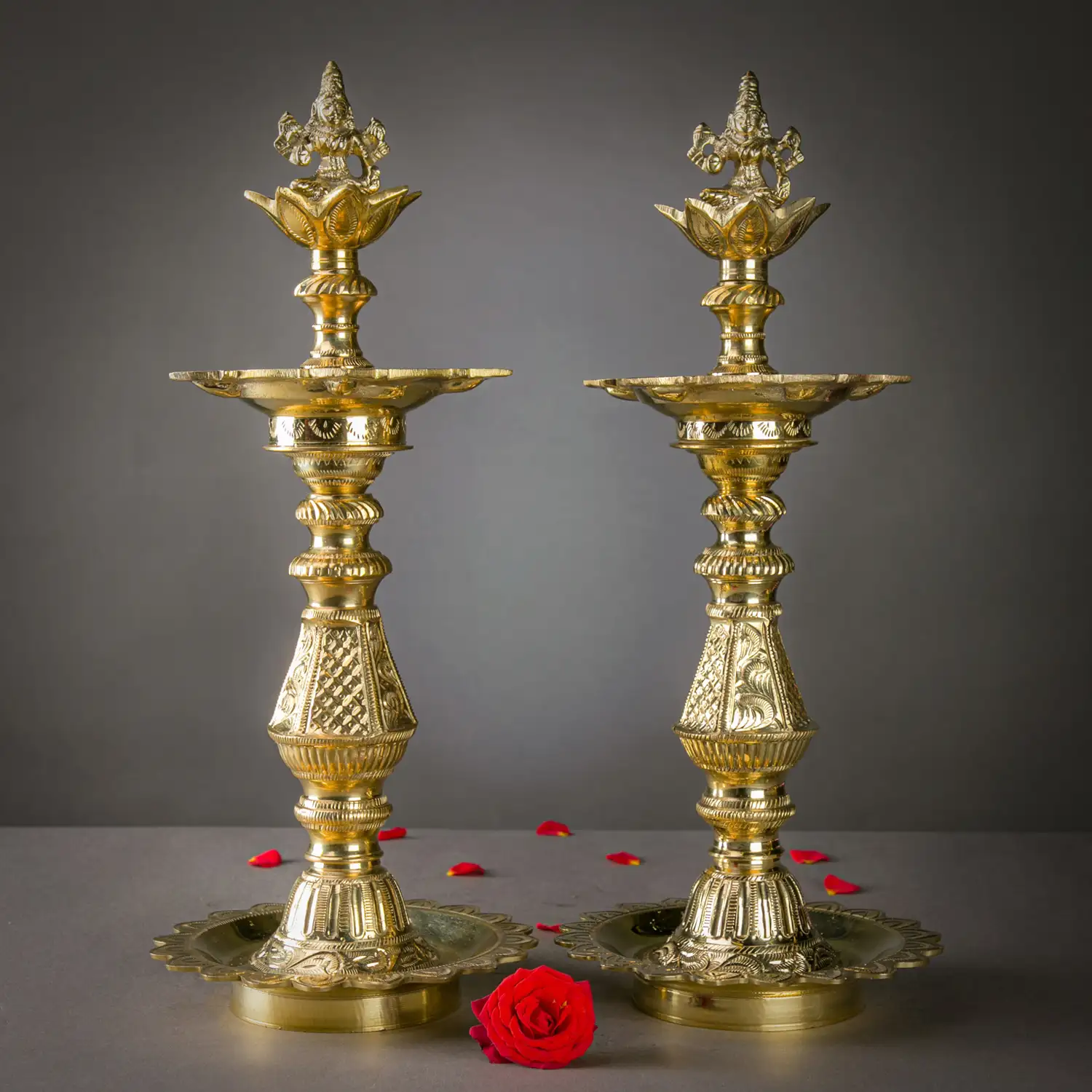 15 inches brass Lakshmi pattai Nachiyarkovil kuthu vilakku