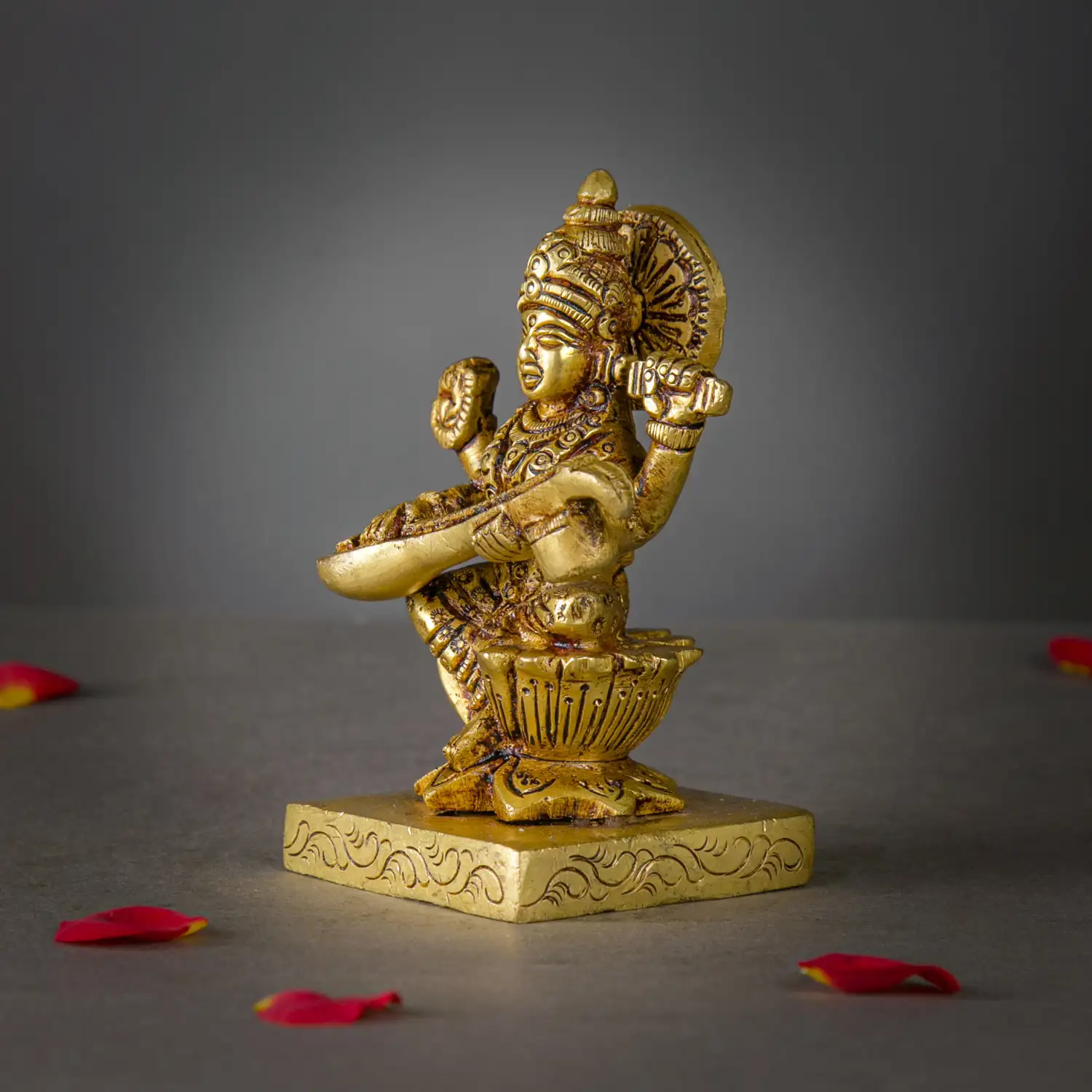 4 inches brass Goddess Saraswathi on Lotus square peetam idol - image 3
