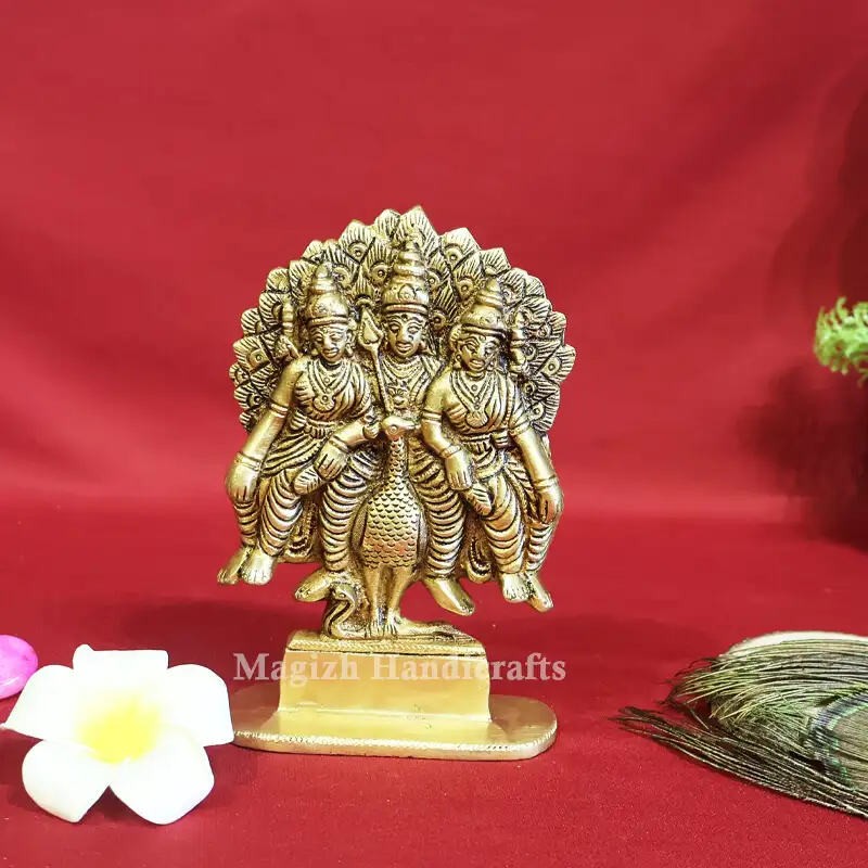 Brass Sitting Murugan Valli Deivanai idol with peacock