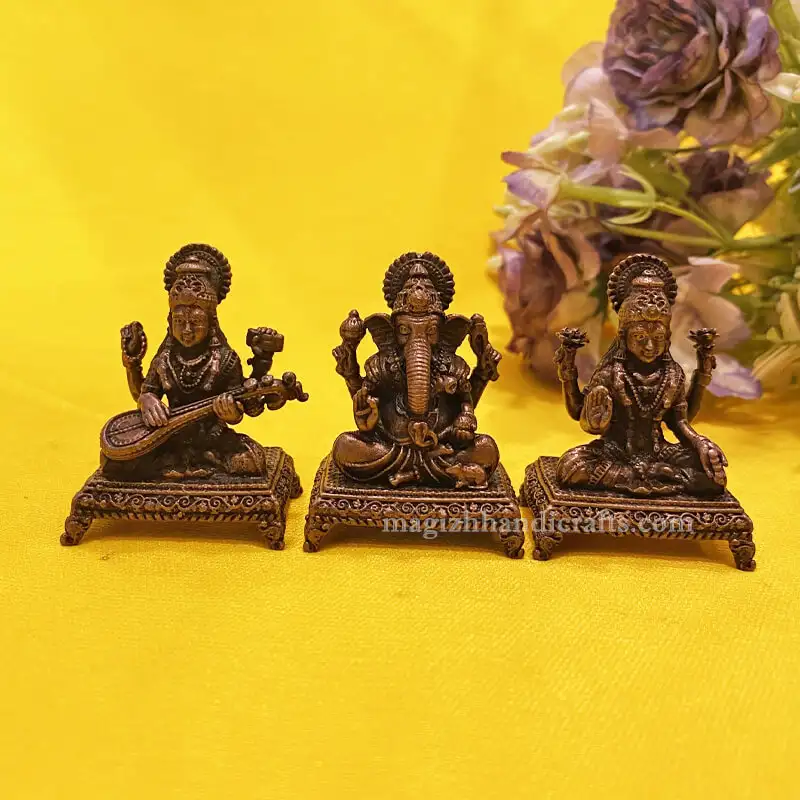 Copper Ganesha Lakshmi Saraswathi idol 2 inch - secondary