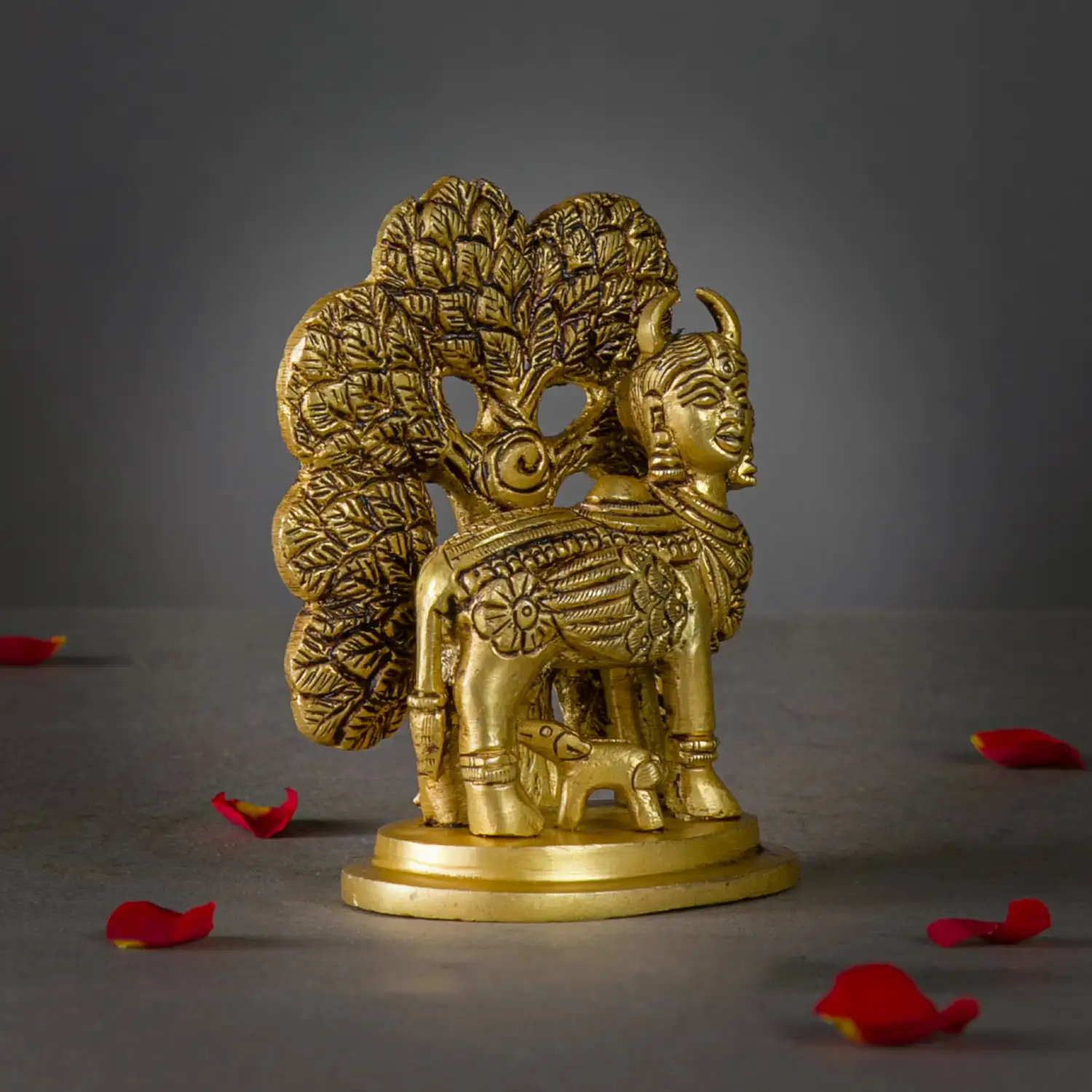 4 inches brass kamadenu with Tree idol - image 2