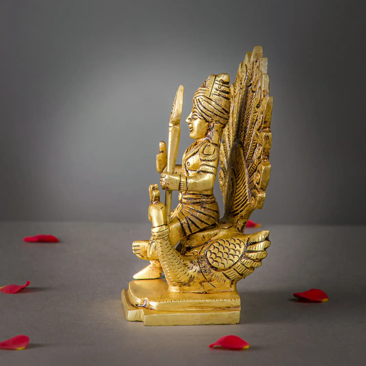 6 inches Sitting Brass Murugan with vel and Peacock idol - image 3