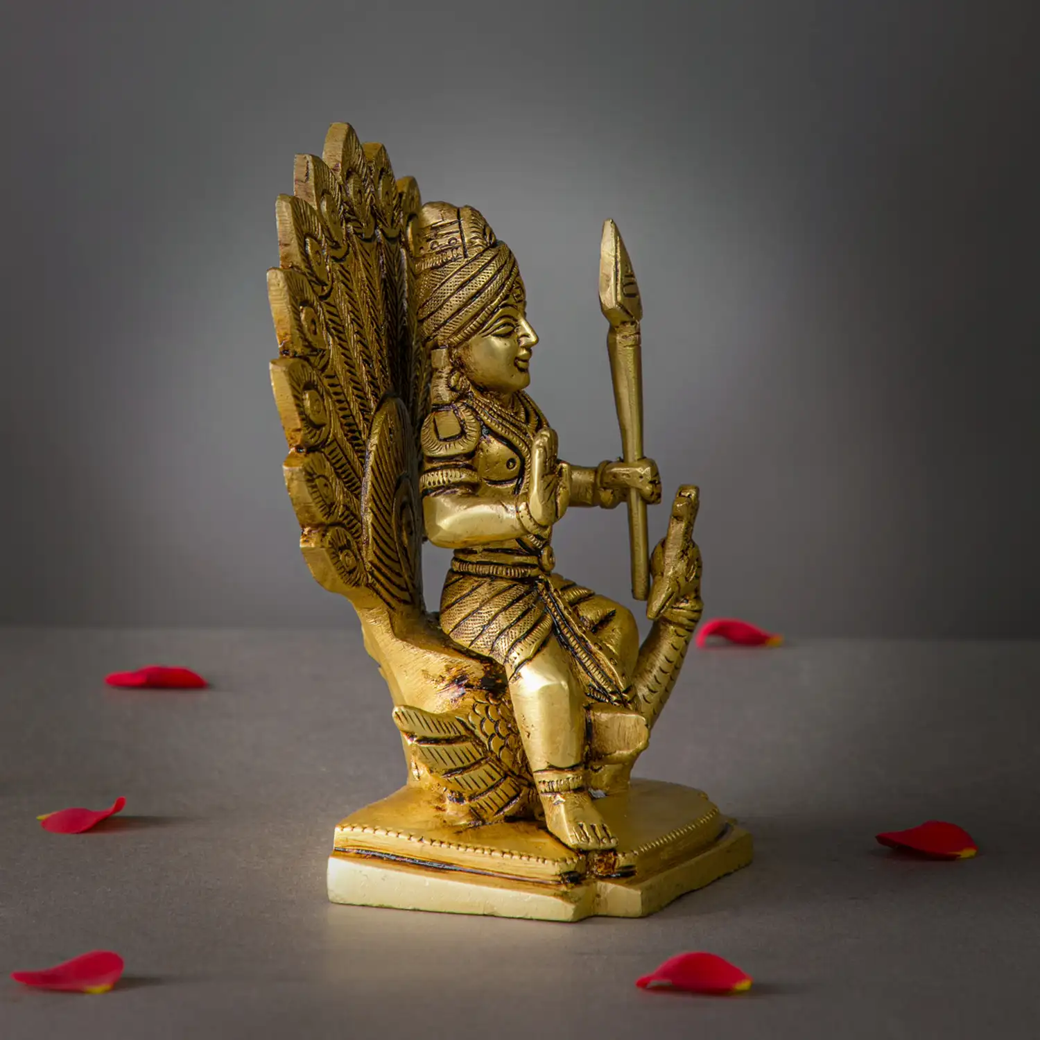 6 inches Sitting Brass Murugan with vel and Peacock idol - secondary