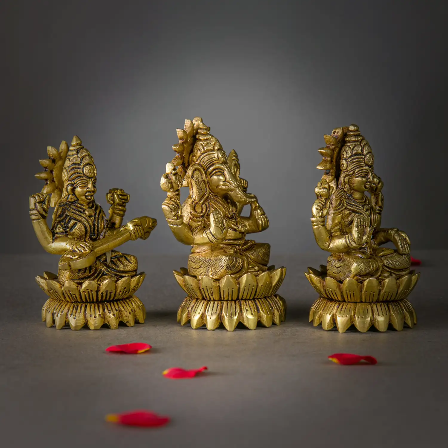 4 inches brass Laskhmi Ganesha Saraswathi idol Lotus base - image 2
