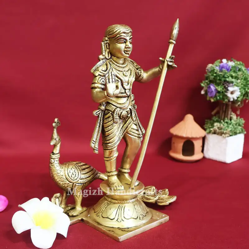 8.5 Inches Brass Bala Murugan idol with peacock and Vel - image 3