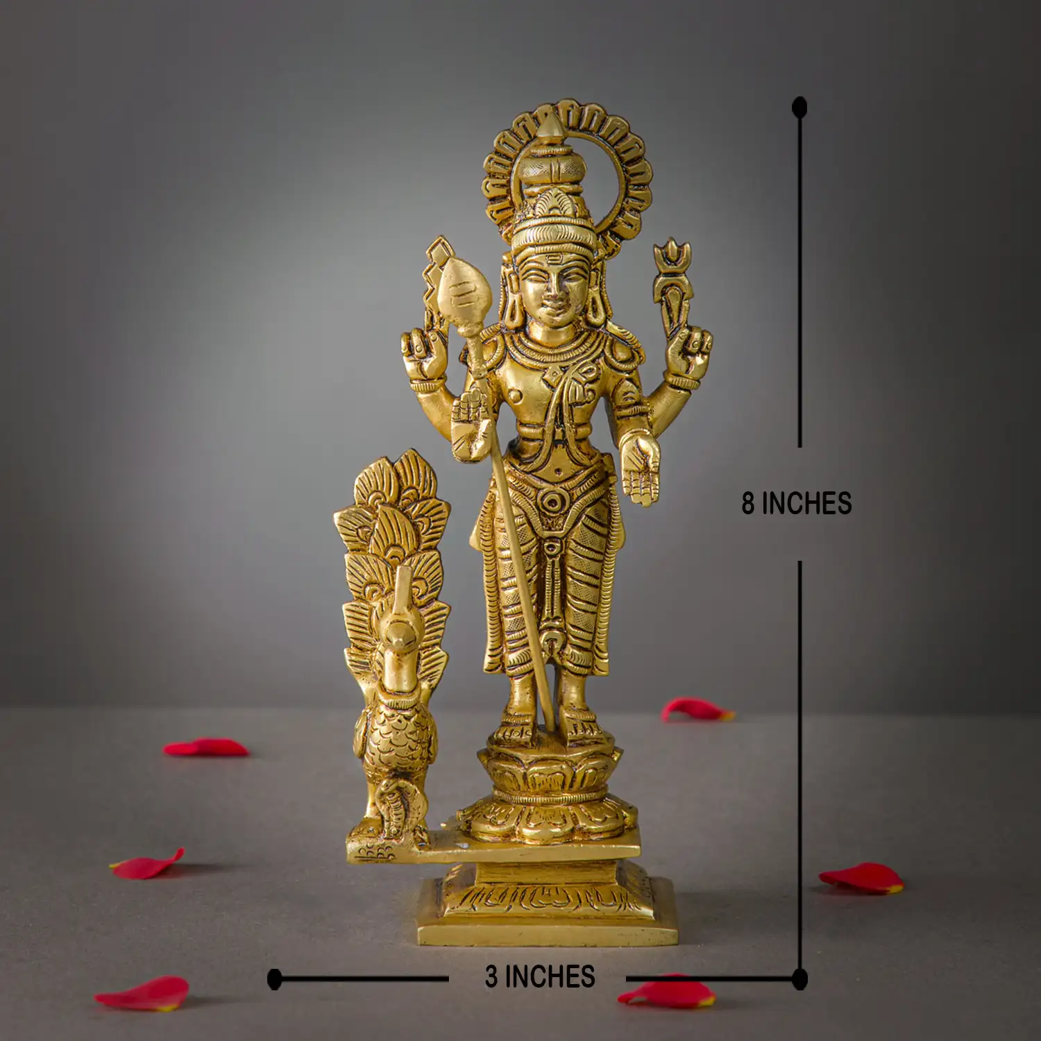 8 inches brass standing Murugan with side Peacock idol - image 5