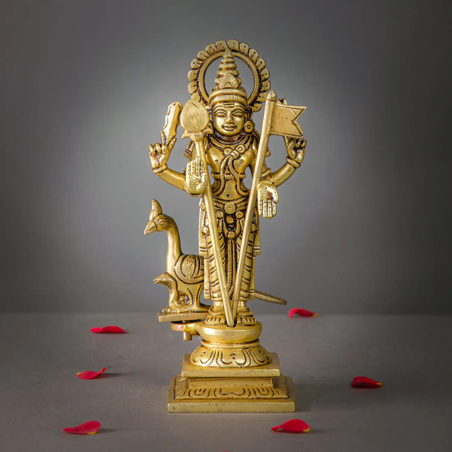 8.5 inches Brass Murugan side Peacock with Vel idol