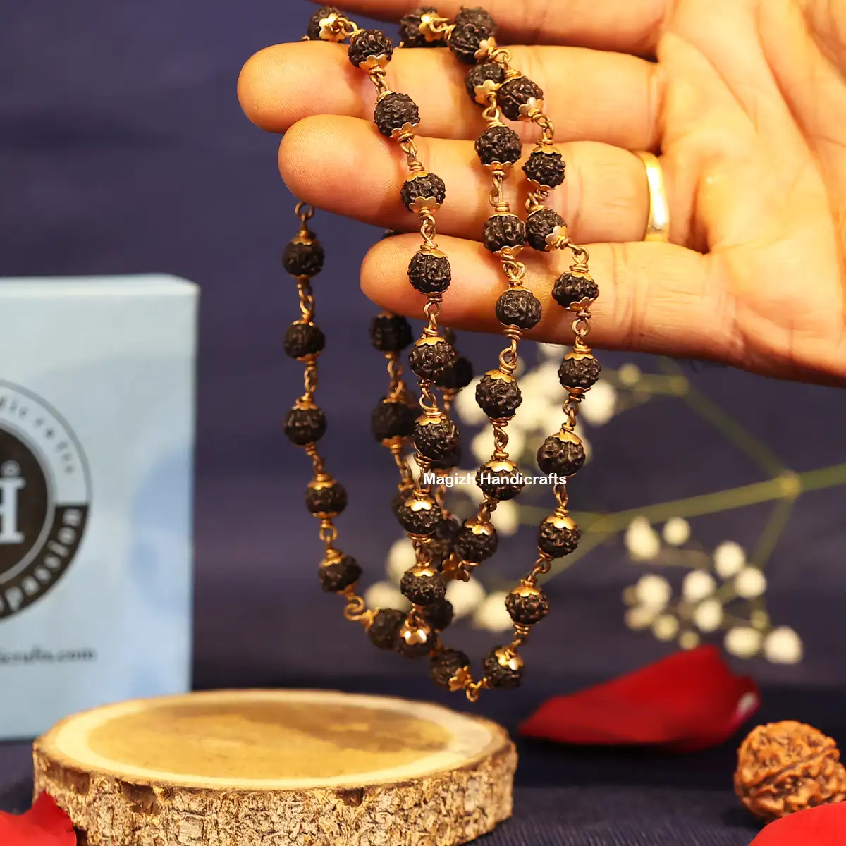 Original Rudhraksham Black color with Impon cup 54 Beads - 8mm - image 3