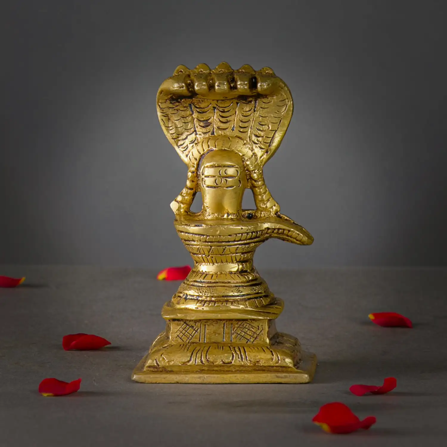 4.5 inches brass Shiva Langam with 5 head snake with mala  idol - image 1