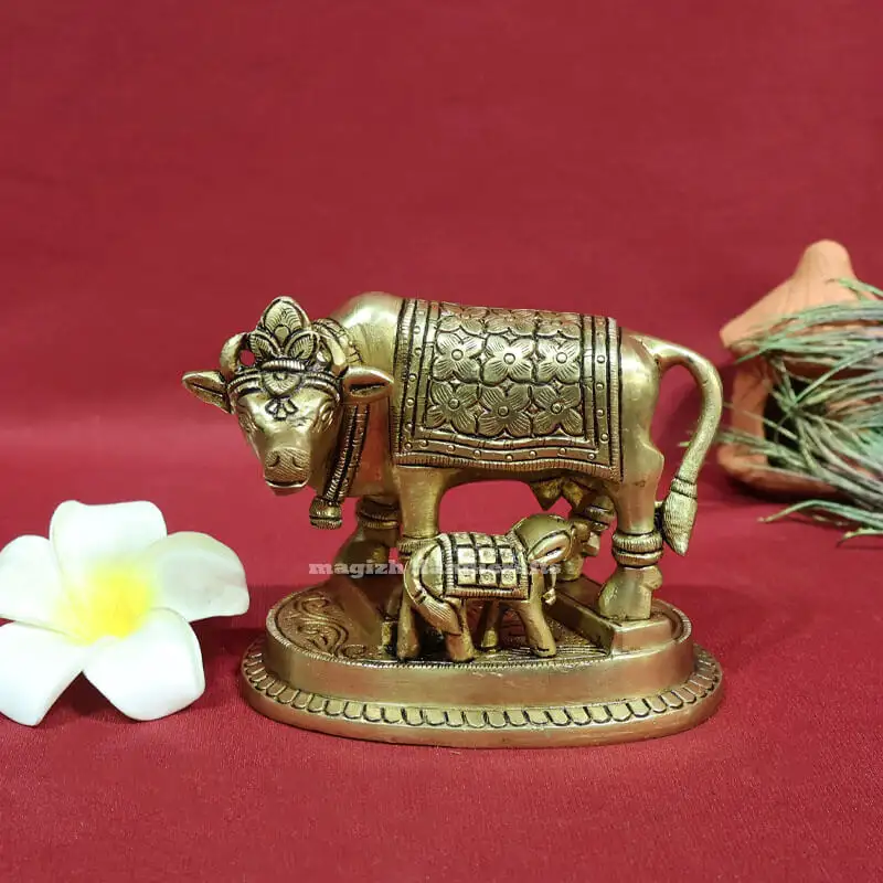 4 inches Brass Cow and calf Flower Idol with peedam SC