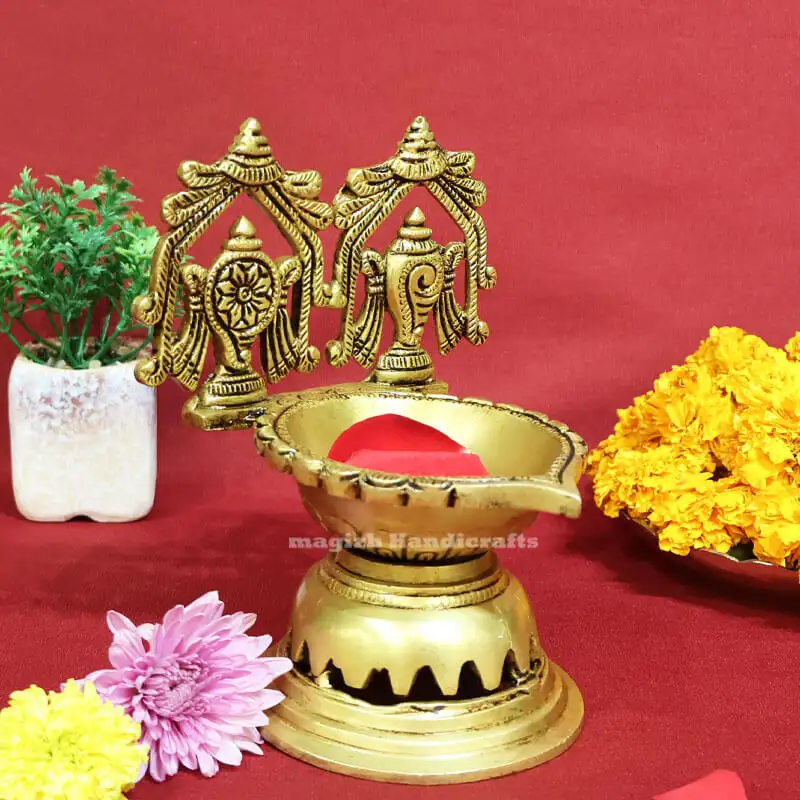 6 inches Brass Sangu and Chakram Lamp - secondary