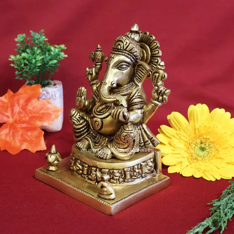 6 inches Brass Sitting Ganesha Idol Rec Base SC - secondary
