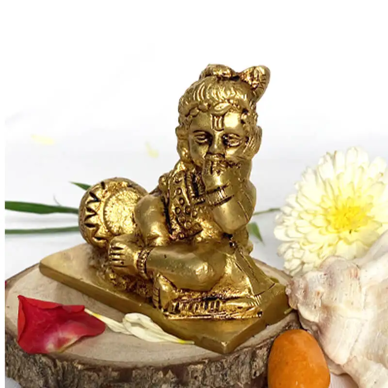 Brass matka Medium lord krishna idol with pot for pooja room and car dashboard 2.5 inches - secondary