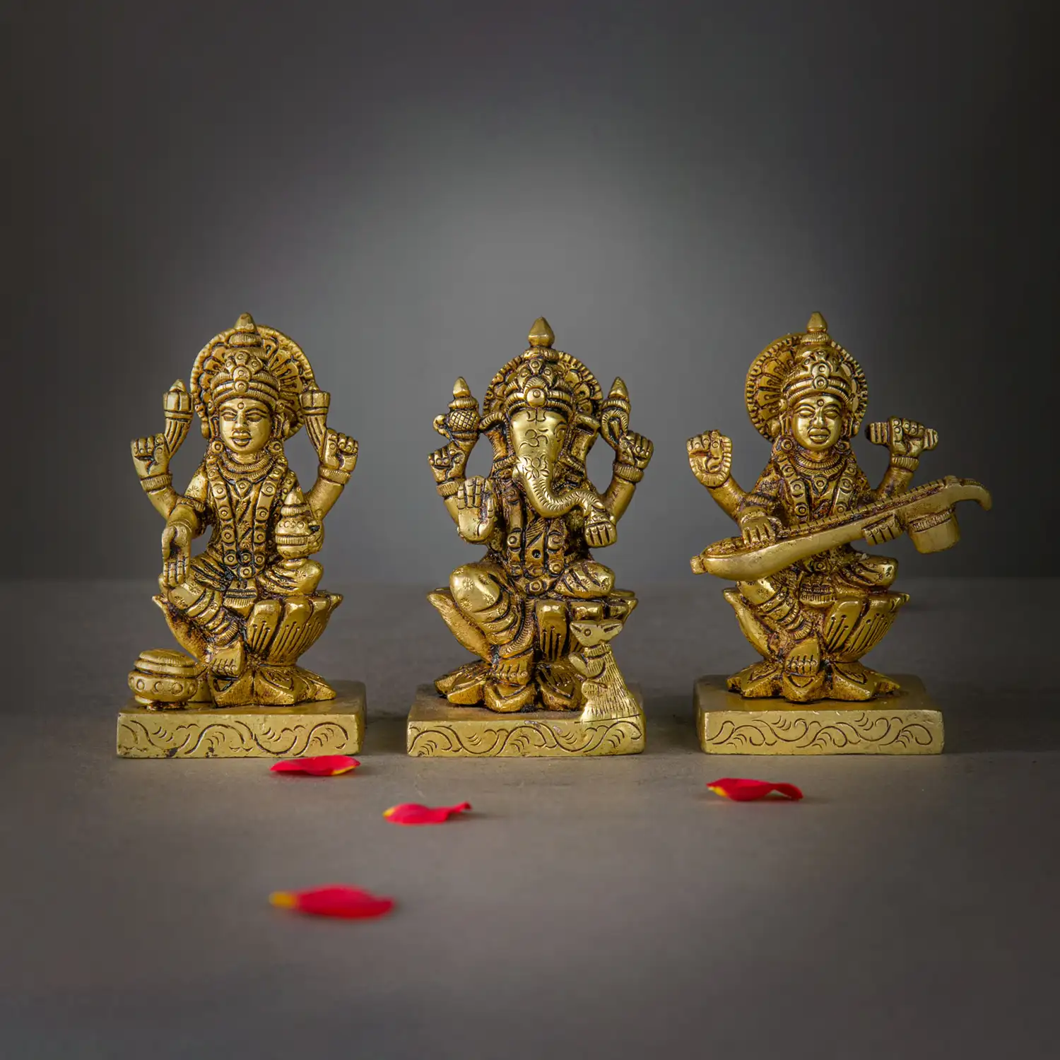 4 inches brass Laskhmi Ganesha Saraswathi idol Lotus and square base - image 1