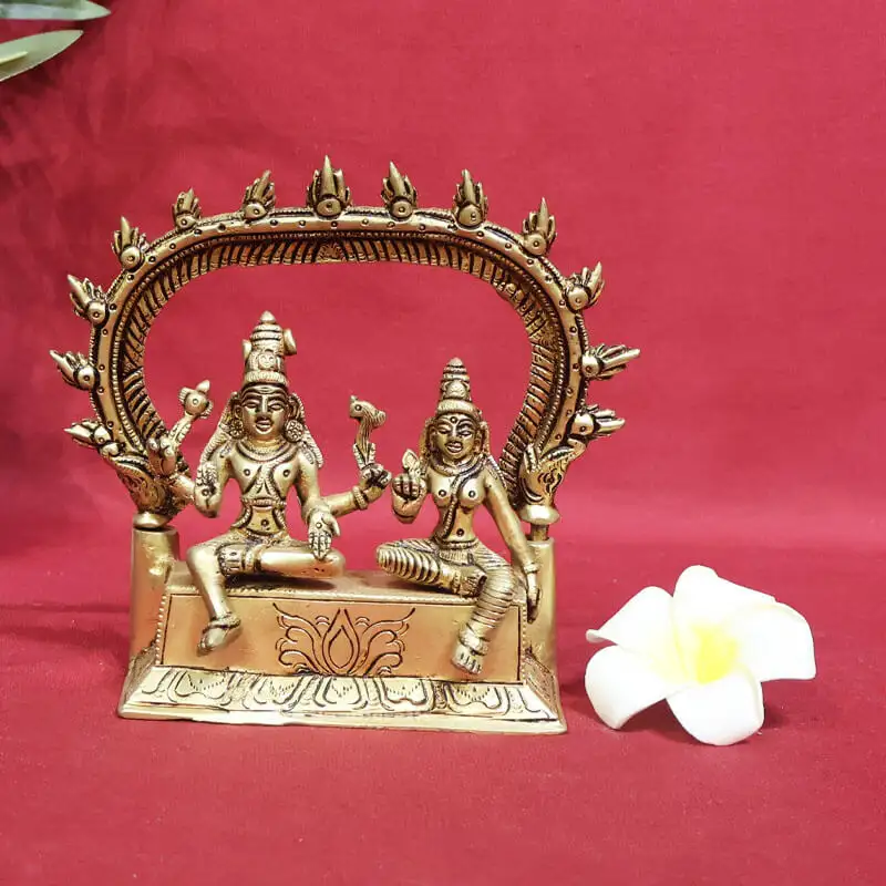 6 inches brass Sitting Lord Shiva and Parvathi with Thiruvachi and Peetam