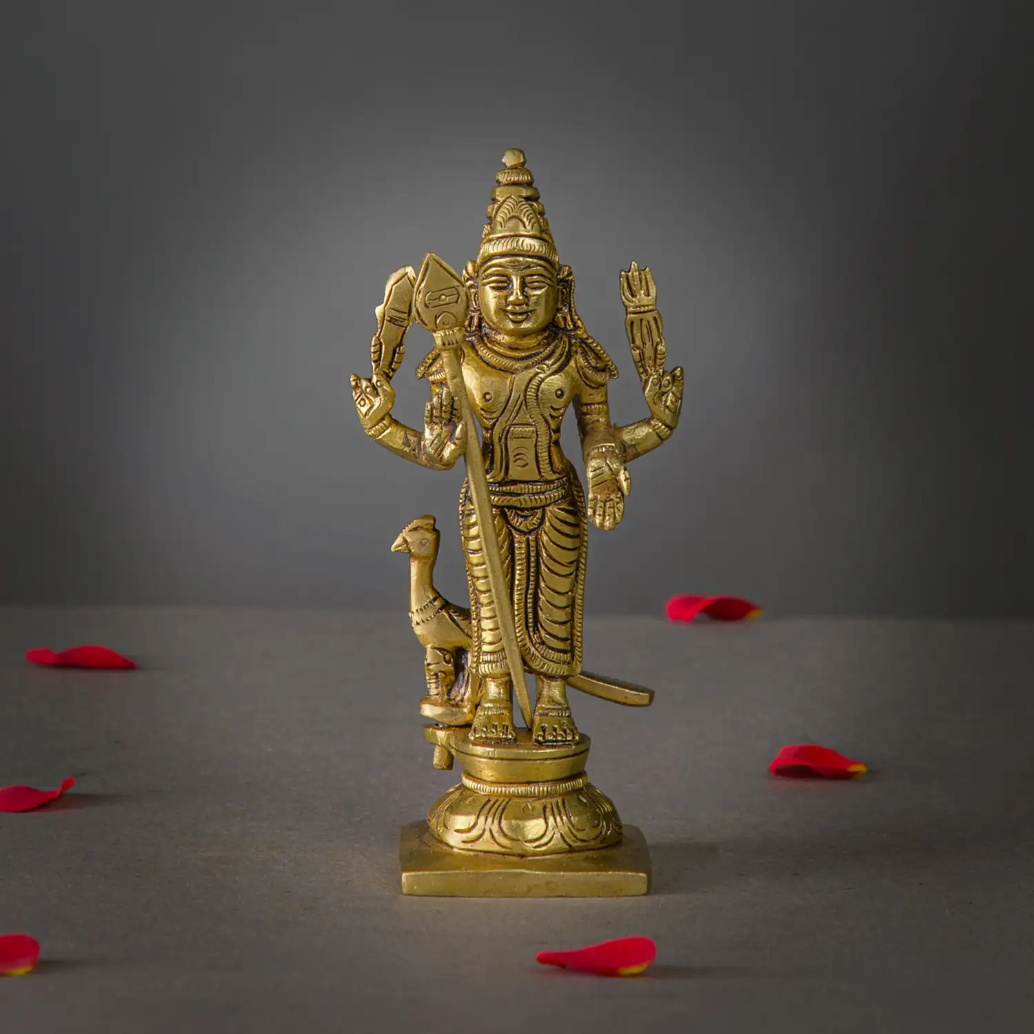 Brass Vel Murugan with Peacock idol 8 inches
