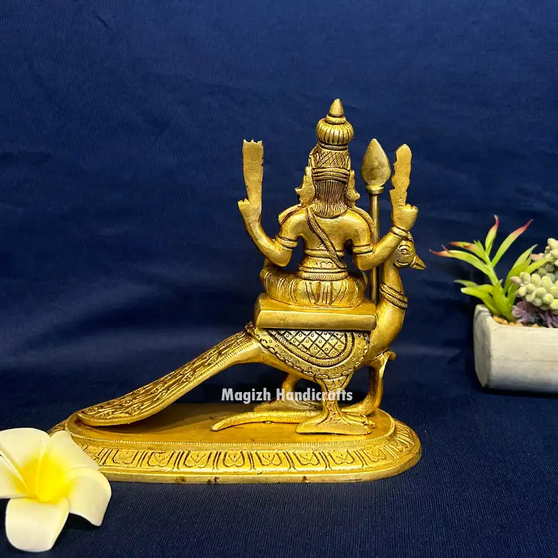 Brass Sitting Murugan on Peacock idol - 7.5 inches - image 3