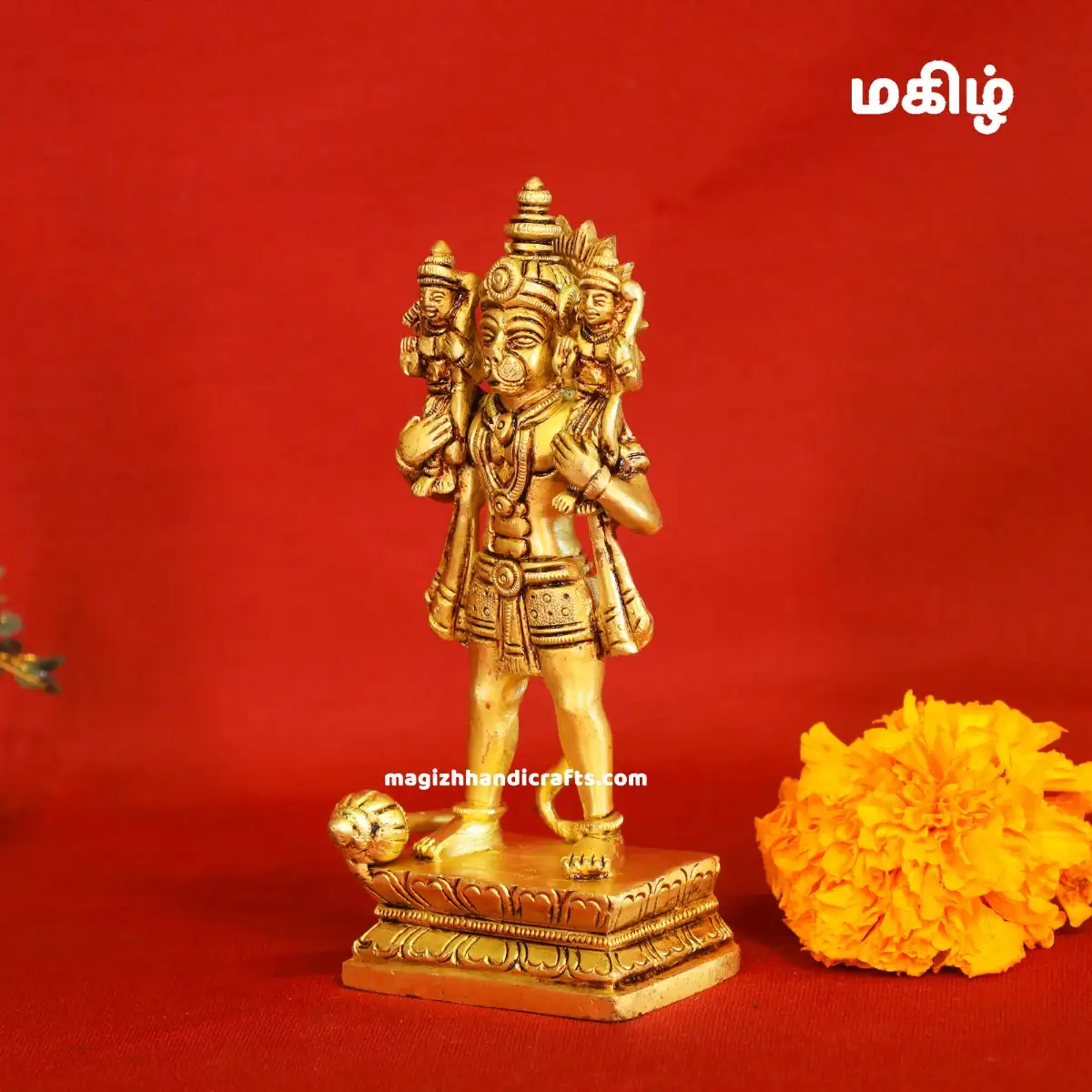 Brass Standing Hanuman with Ram and Lakshman idol - 7 inches - image 3