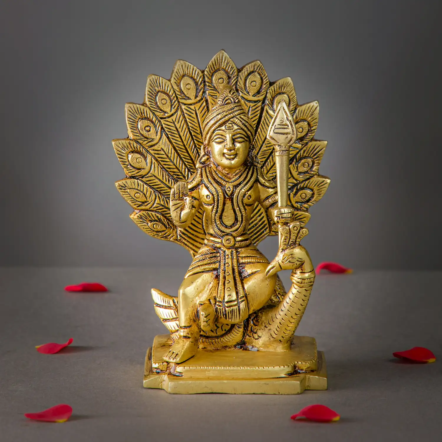 6 inches Sitting Brass Murugan with vel and Peacock idol