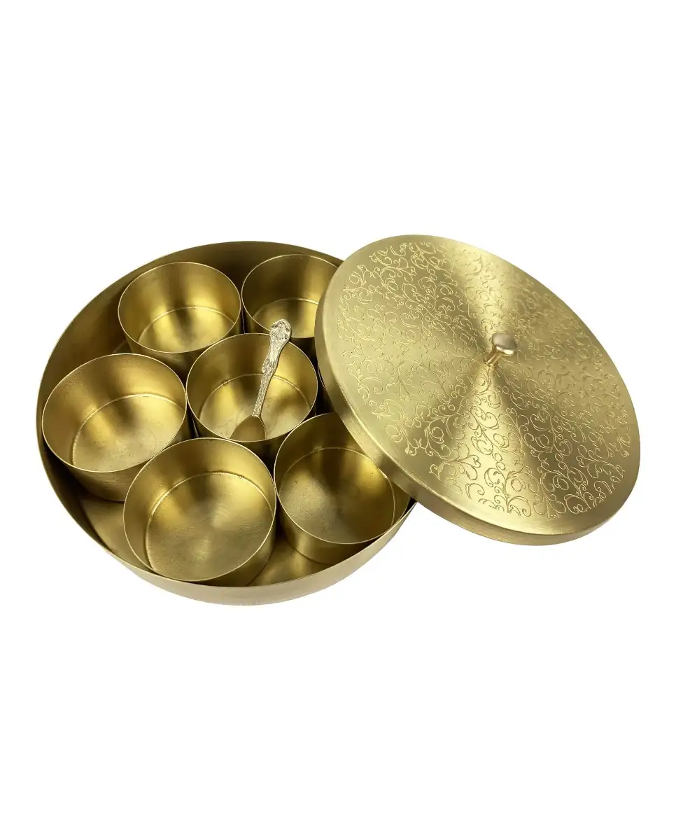 Brass unique engraved masala spices box dabba with brass spoon 7 containers - image 4